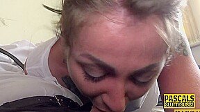 Tattooed submissive sucks and rides