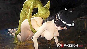 Hot sex! Beautiful young queen gets fucked hard by a Boggles green monster in the mystical cave