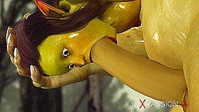 Horny female goblin Arwen and Green monster Ogre in the enchanted forest